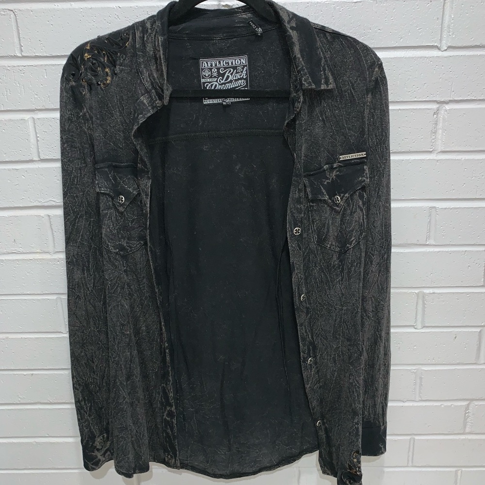 Distressed black button down shirt